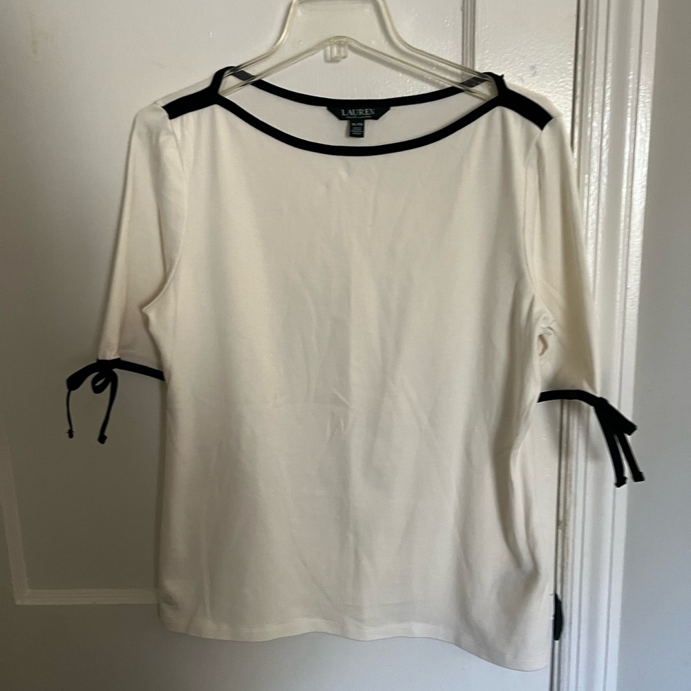 Lauren Ralph Lauren White Top with Black Trim and Sleeve Ties